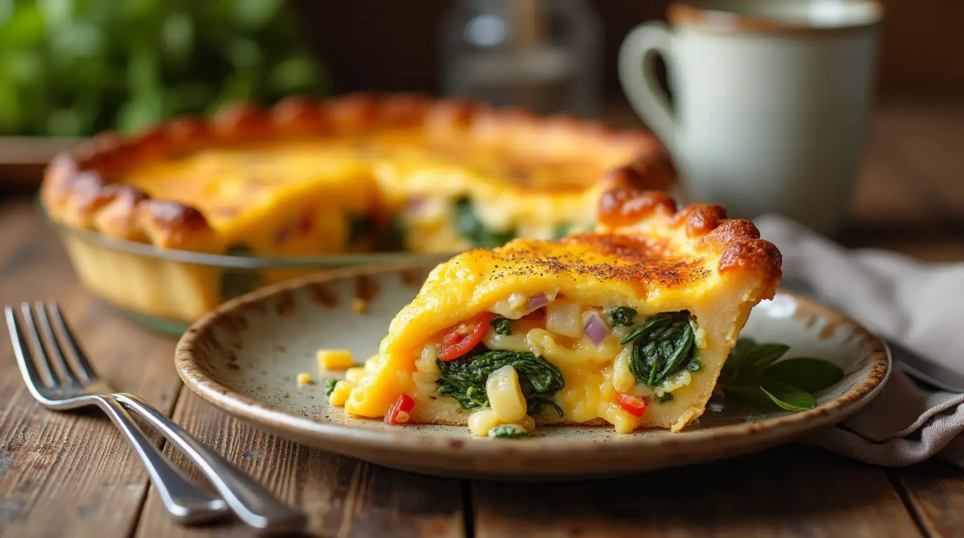 Breakfast Pie Recipe: 5 Easy Steps for Busy Mornings 5 A homemade Breakfast Pie Recipe with a golden crust and a creamy, colorful filling, served on a rustic wooden table with a cup of coffee.