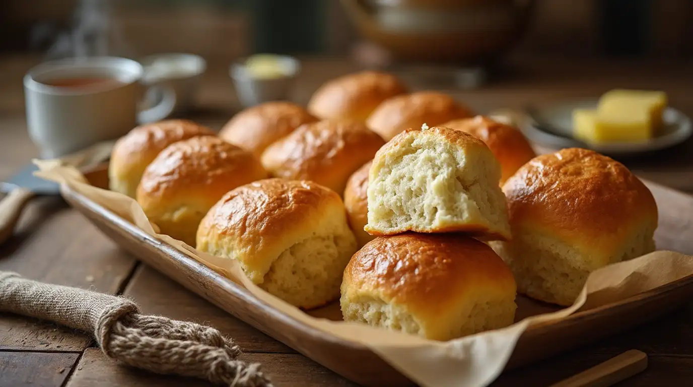 Dinner Roll Recipe No Yeast: 15 Minutes to Fresh Bread 4 Golden brown, fluffy homemade dinner rolls served on a wooden tray with melted butter, showcasing their soft texture in a cozy kitchen setting