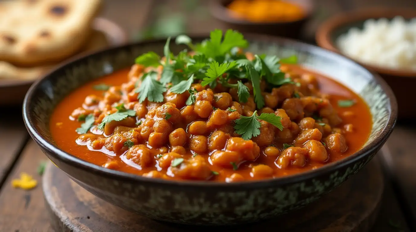 Madras Lentils Recipe: Why This 6-Ingredient Dish Rocks 4 A bowl of creamy Madras Lentils with fresh cilantro and naan bread on a wooden table