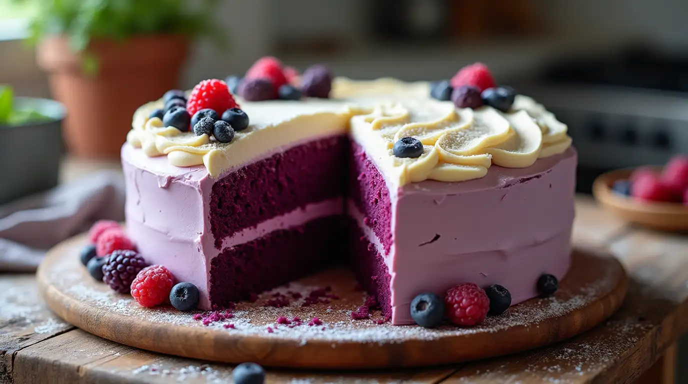 Purple Velvet Cake Recipe: 5 Easy Steps for a Fluffy Cake 5 A freshly baked purple velvet cake with cream cheese frosting, cut into slices, placed on a wooden table with berries and powdered sugar.
