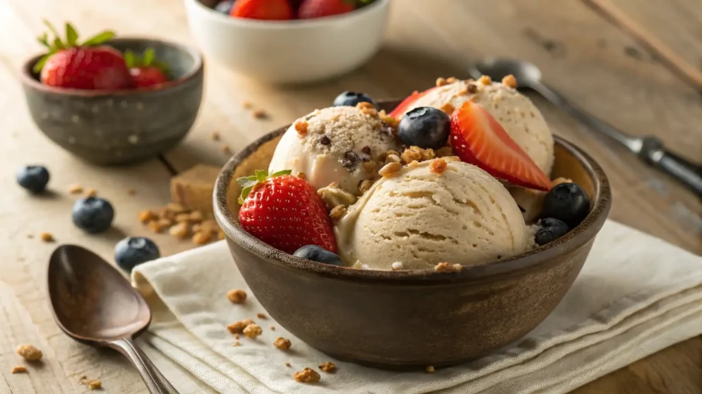 Homemade sugar free ice cream in a bowl with fresh berries and nuts.