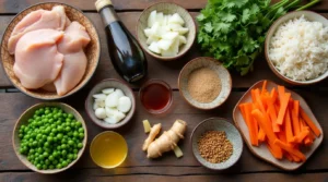 Flat lay of fresh ingredients for Vietnamese Chicken and Rice Recipe on a rustic table.