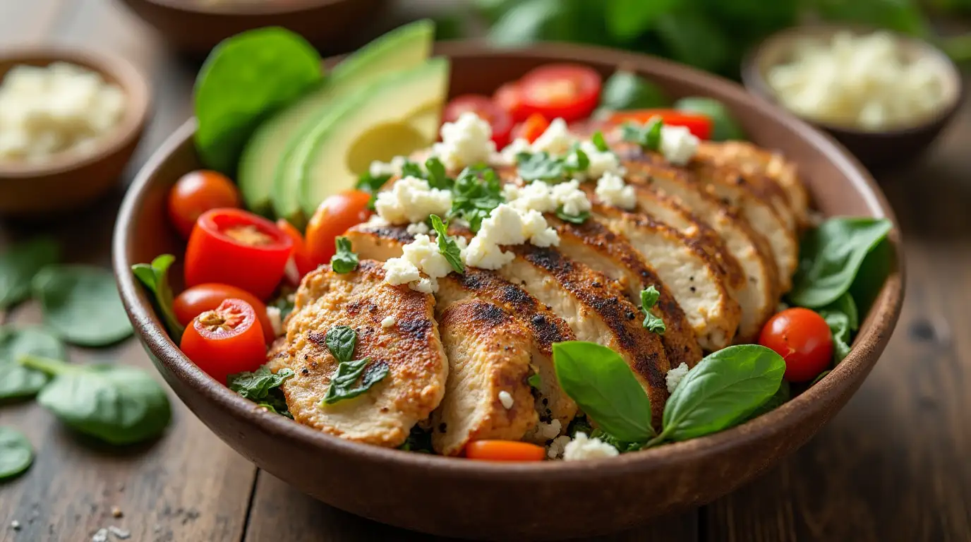 High Protein Recipes Perfect for Weight Loss 4 A delicious homemade Protein Power Bowl with grilled chicken, quinoa, and fresh vegetables on a rustic wooden table