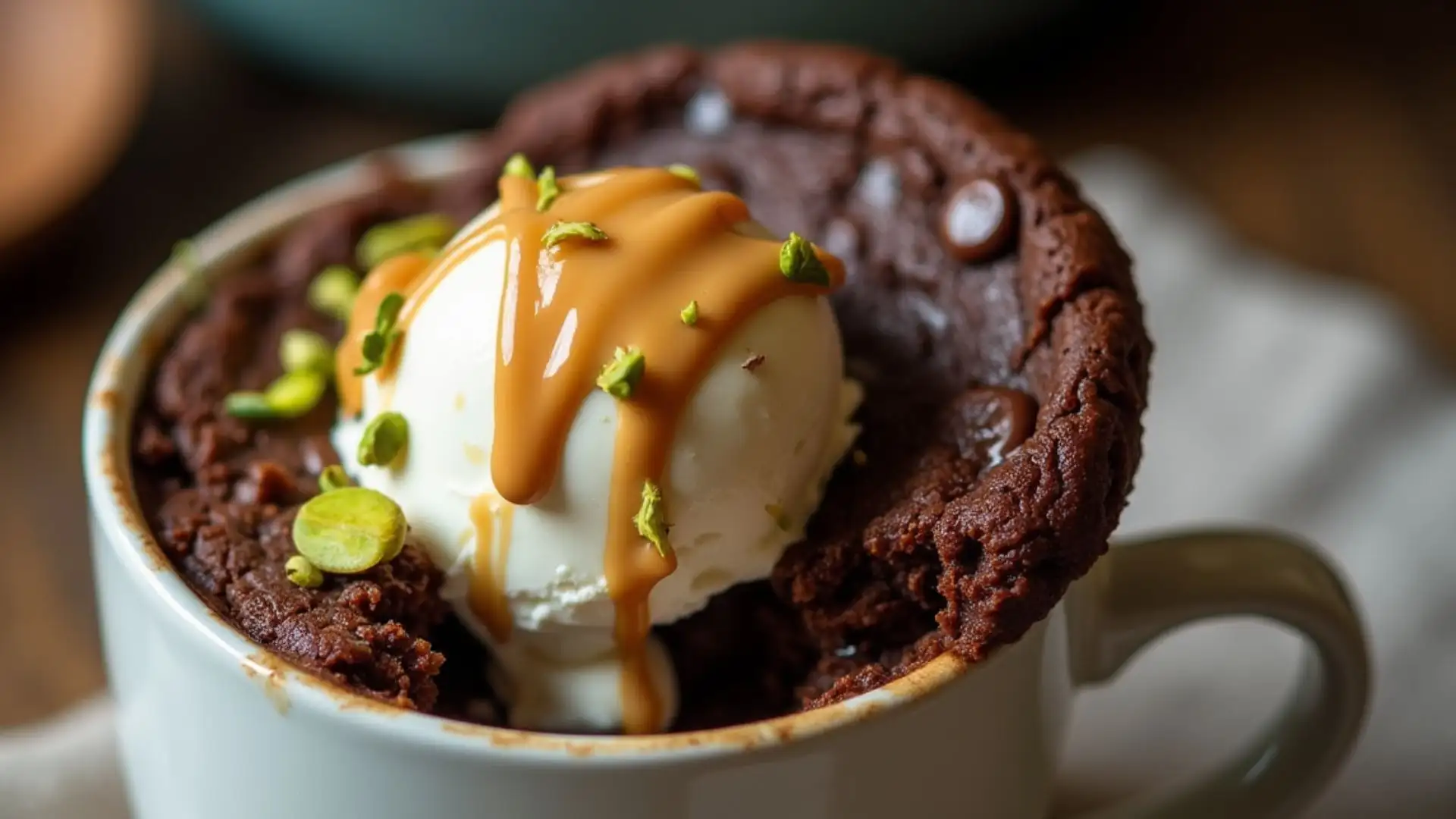 Mug Cookie Vegan: 3-Minute Recipe For Sweet Cravings 3 mug cookie vegan in a white mug with melted chocolate, coconut ice cream, and peanut butter drizzle
