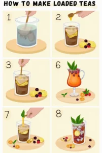 A step-by-step guide showing how to make loaded tea, from steeping tea bags to adding fruit, honey, and ice for a perfect homemade drink