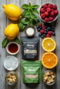 Flat-lay of fresh ingredients for loaded tea, including citrus, berries, mint, tea bags, honey, and ginger on a rustic wooden background