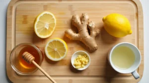 Fresh ingredients for the mounjaro recipe, including lemon, ginger, honey, apple cider vinegar, and warm water, arranged neatly on a wooden board.