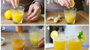 A step-by-step guide to making the mounjaro recipe, featuring lemon juice, ginger, honey, and warm water being mixed into a glass.