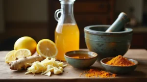 Fresh ingredients for Amish amoxicillin recipe, including lemon, garlic, ginger, turmeric, and honey.