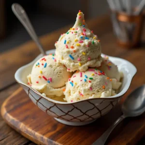 homemade Birthday Cake Ice Cream 2025, topped with colorful sprinkles and cake chunks, served in a cozy setting.