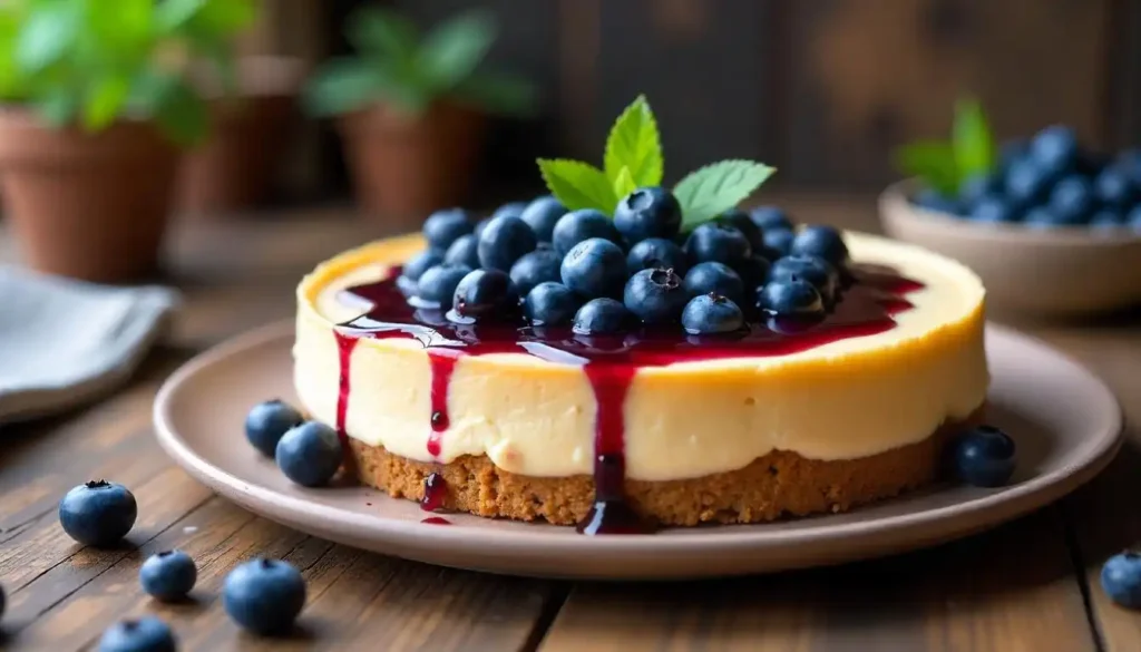 Homemade blueberry cheesecake with fresh blueberries and blueberry compote on a rustic table