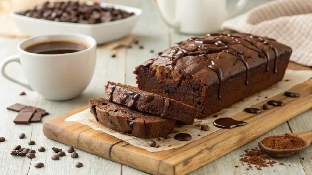 A freshly baked homemade Hot Fudge Brownie Bread with melted chocolate and hot fudge drizzling down, placed on a rustic wooden table.