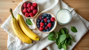 A flat lay of natural Mounjaro 4 ingredients, including banana, mixed berries, spinach, and almond milk, arranged on a wooden countertop.