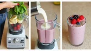 A step-by-step guide to making a natural Mounjaro 4 ingredients smoothie, showing blending ingredients, pouring almond milk, and serving the final drink.