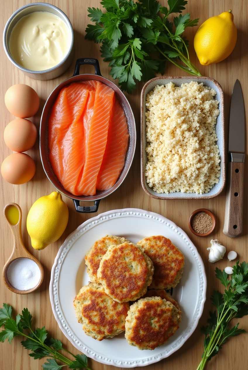 Salmon Cakes Recipe 2 Ingredients for homemade salmon cakes recipe displayed neatly on a kitchen counter.
