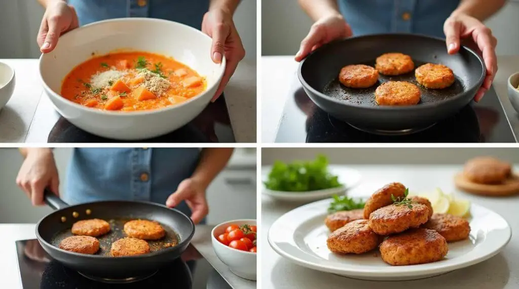 Salmon Cakes Recipe 3 Step-by-step images of how to make the salmon cakes recipe from mixing to frying.