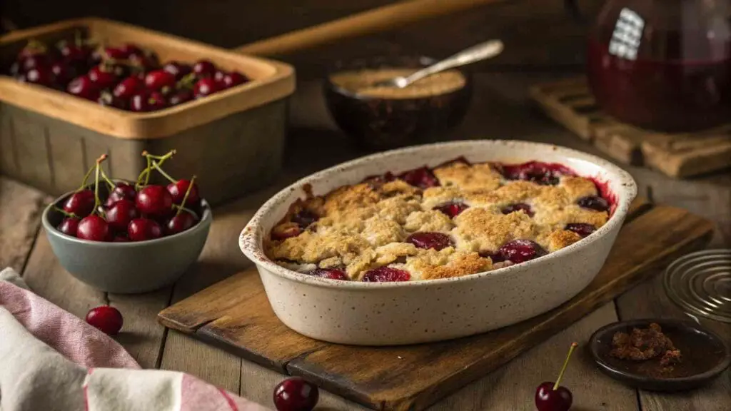 Homemade fresh cherry recipe served in a ceramic baking dish with golden crumble topping.