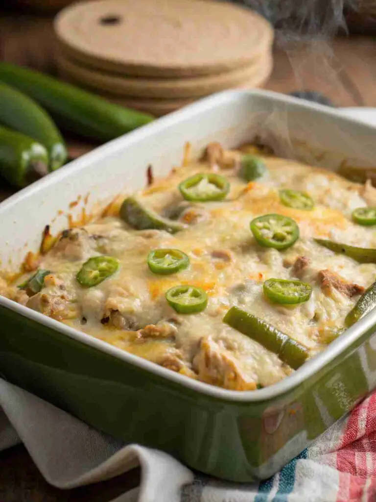 Hatch Green Chile Chicken Enchilada Casserole
