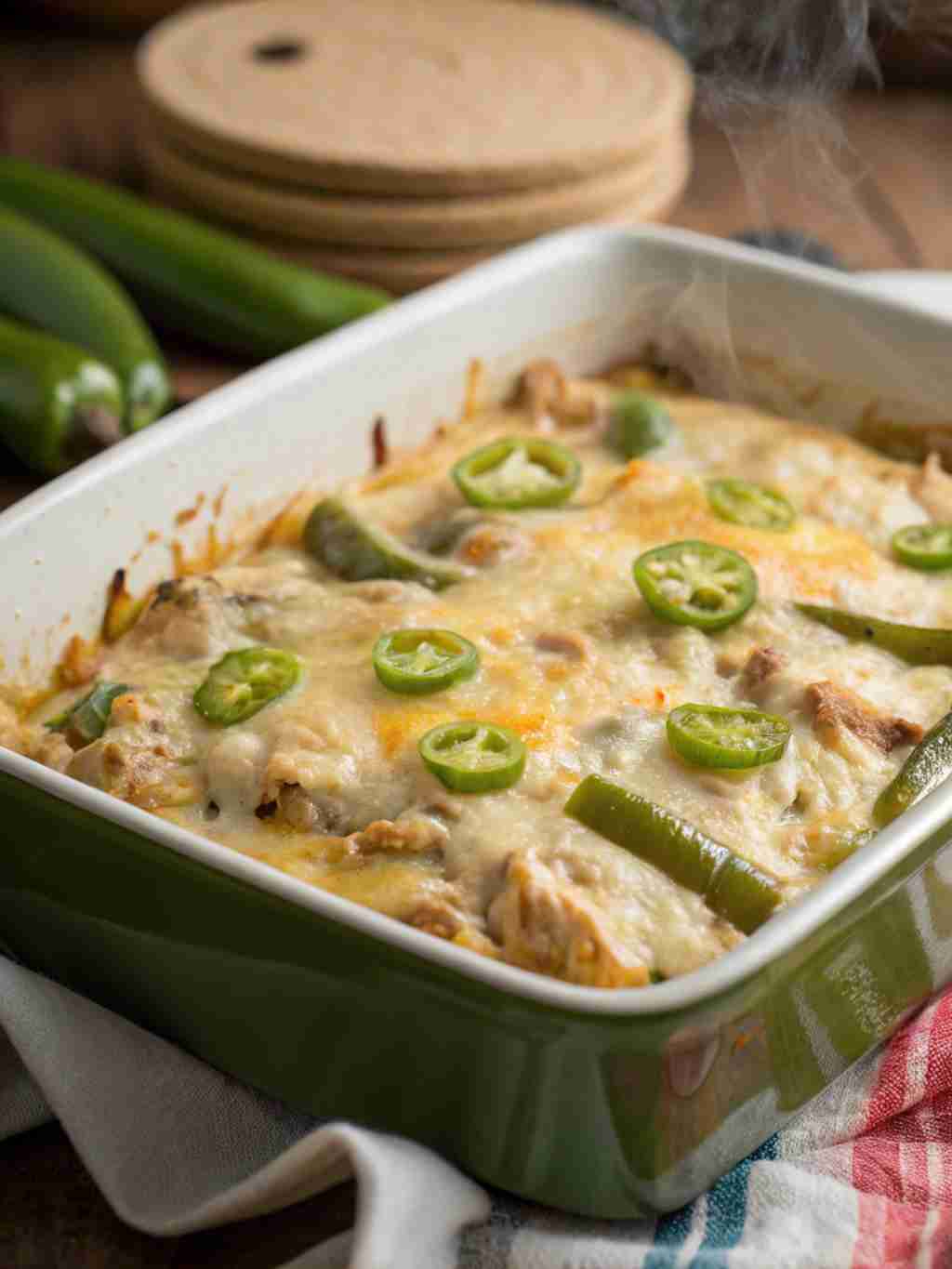 Hatch Green Chile Chicken Enchilada Casserole