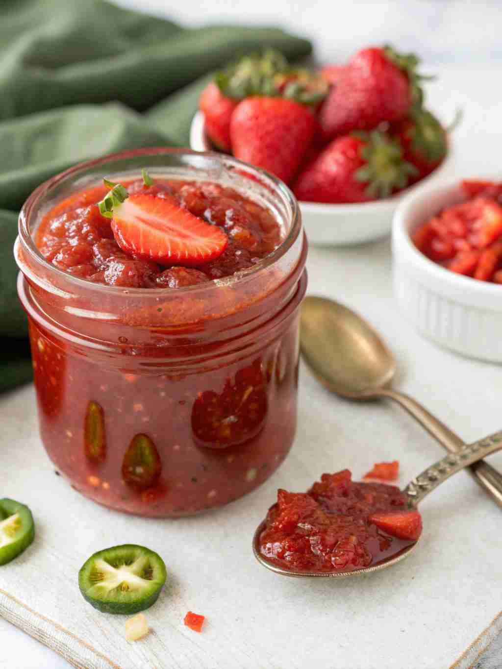 Strawberry Jalapeño Jam - Sweet Heat Recipe 1 a jar of jam with a spoon and a bowl of strawberries