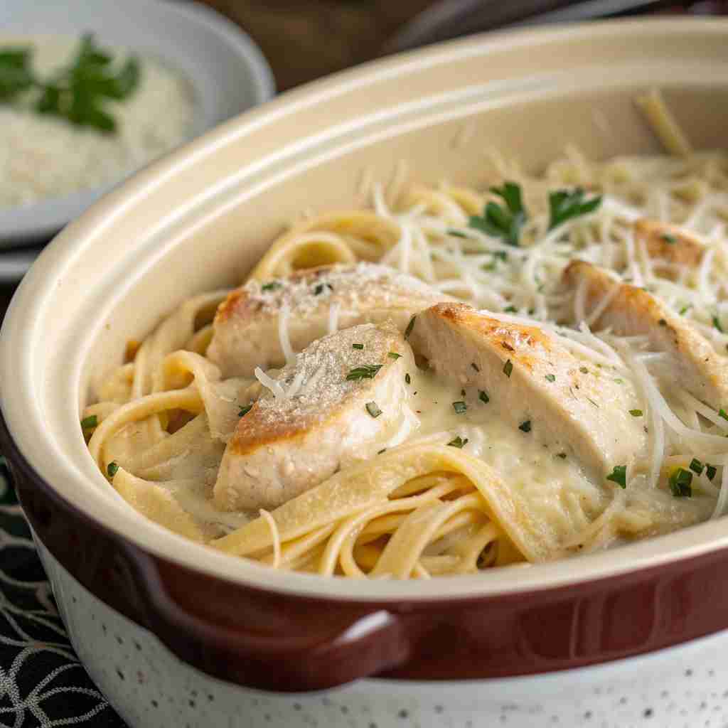 Crockpot Garlic Parmesan Chicken Pasta Recipe - Set and Forget Dinner 1 Crockpot Garlic Parmesan Chicken Pasta