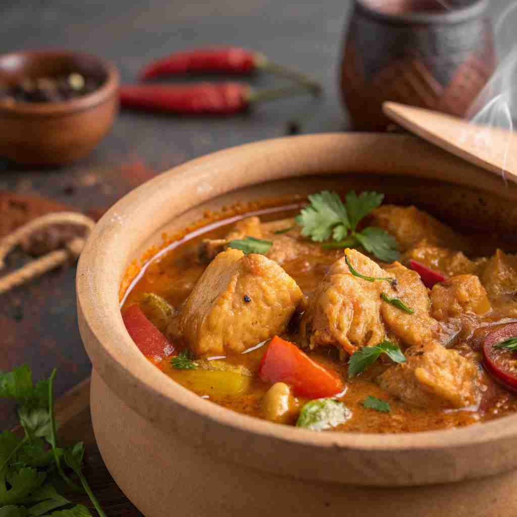 Spicy chicken stew in clay pot