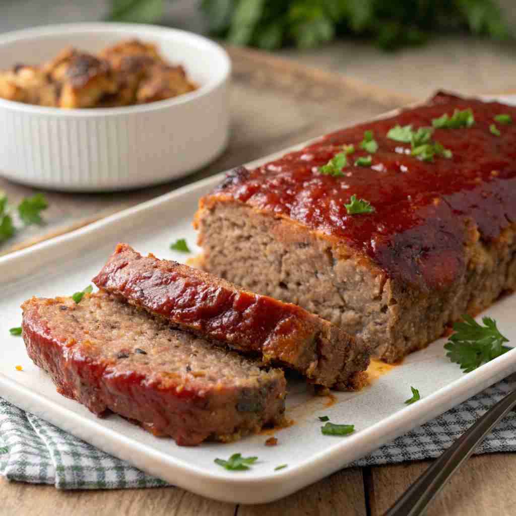 Sliced meatloaf with ketchup glaze