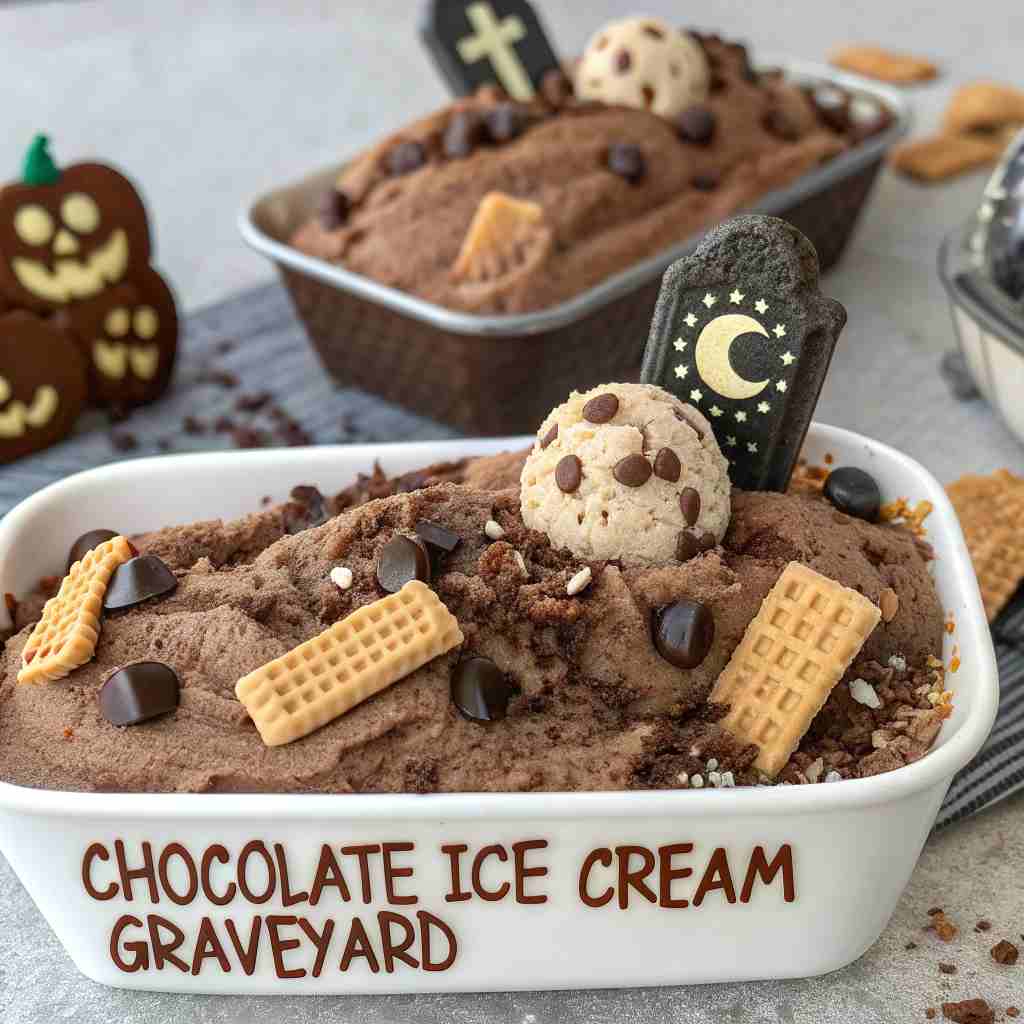 Chocolate Ice Cream Graveyard - Spooky Dessert with Cookie Tombstones 1 Chocolate Ice Cream Graveyard