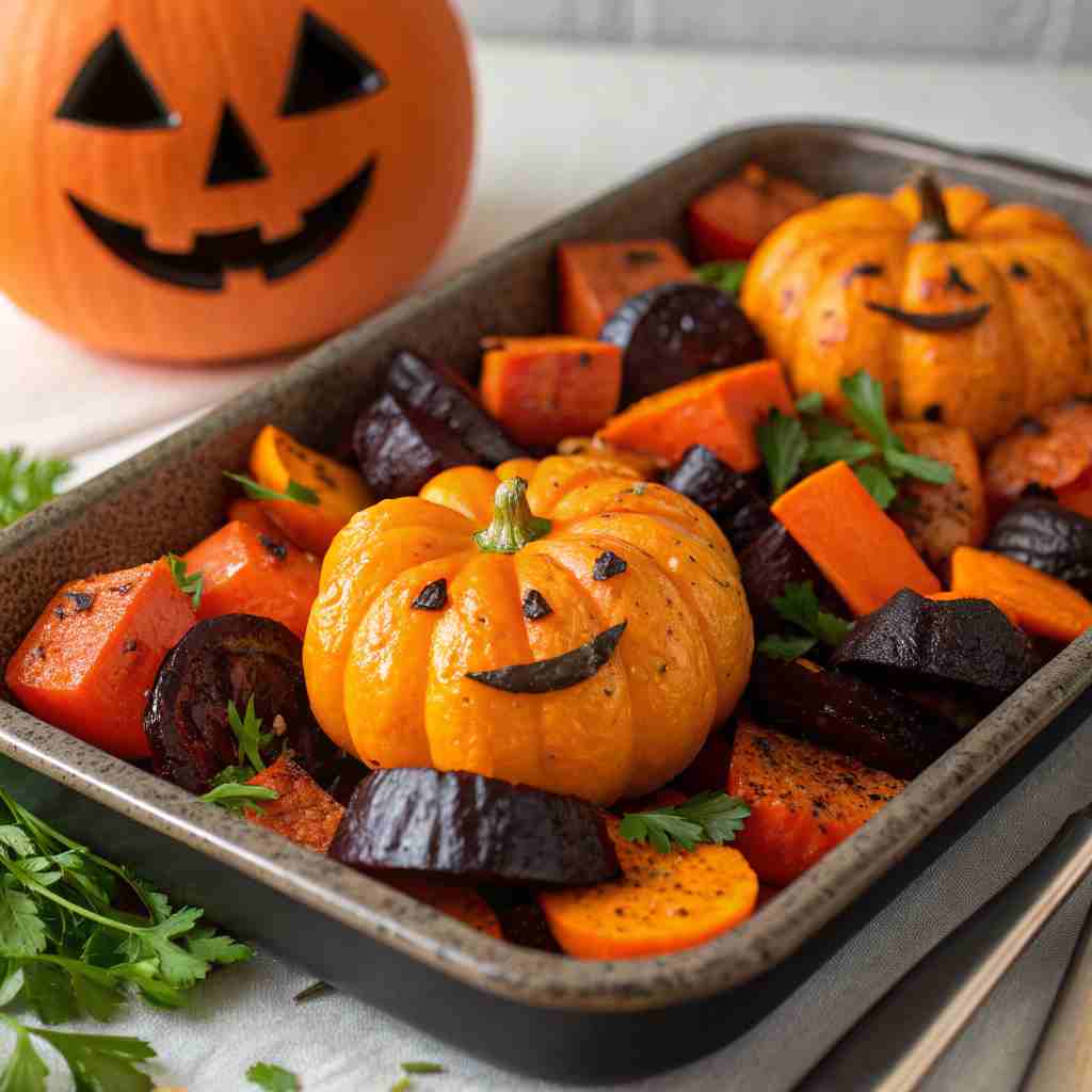 Halloween Roasted Vegetables - Orange and Black Veggie Medley 1 Halloween Roasted Vegetables