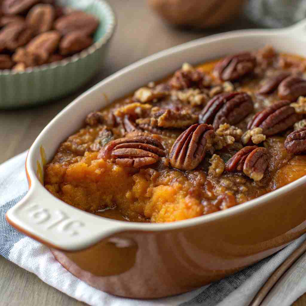 Southern Sweet Potato Casserole with Maple and Pecans - Crunchy Topping 1 Potato Casserole with Maple and Pecans