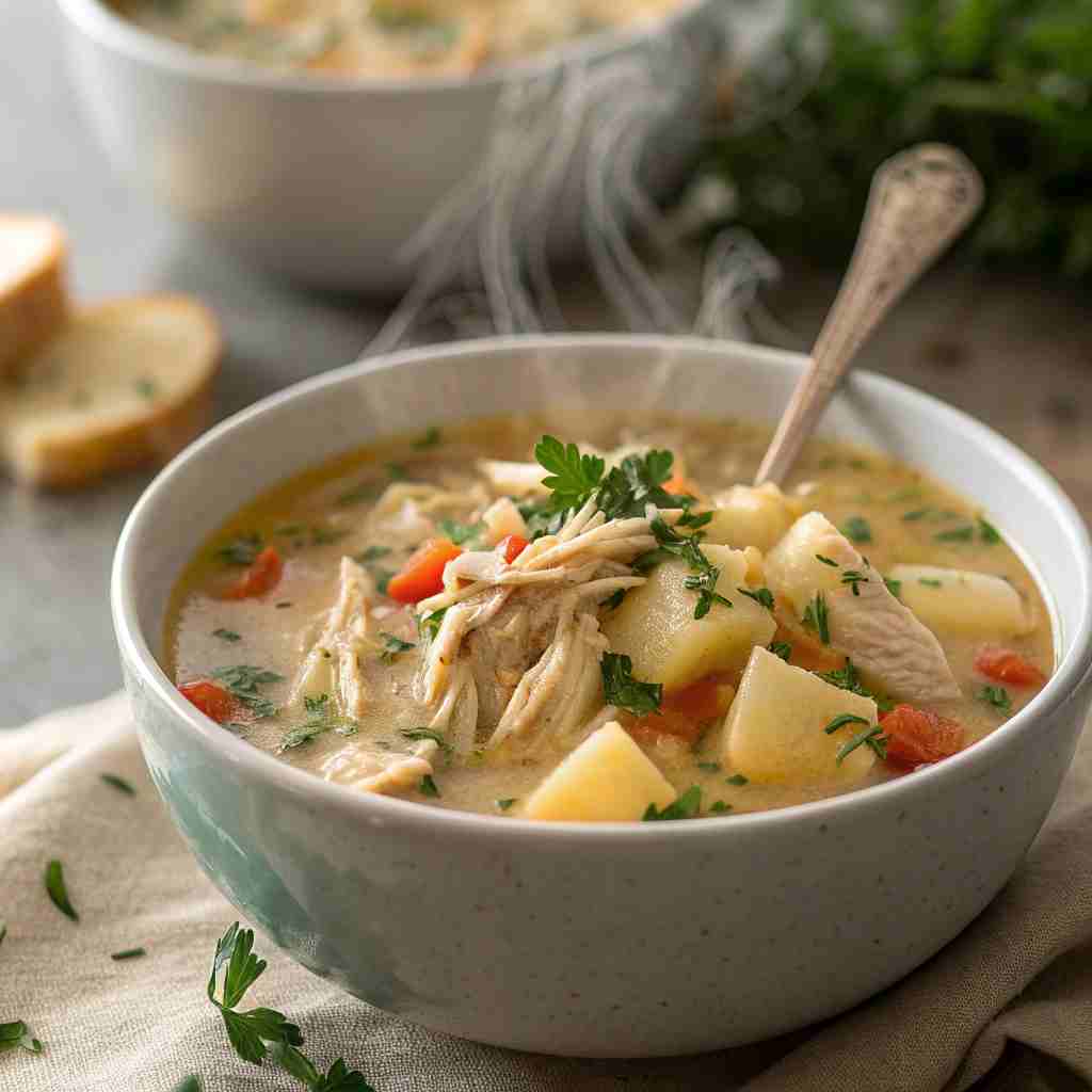 Potato Soup with Pulled Chicken & Herbs - Protein-Packed Recipe 1 Potato Soup with Pulled Chicken & Herbs
