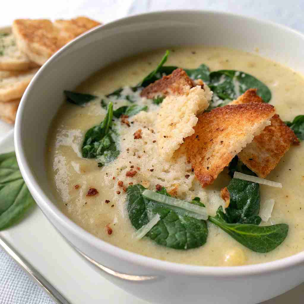 Potato Soup with Spinach & Parmesan Crisp - Gourmet Presentation 1 Potato Soup with Spinach & Parmesan Crisp