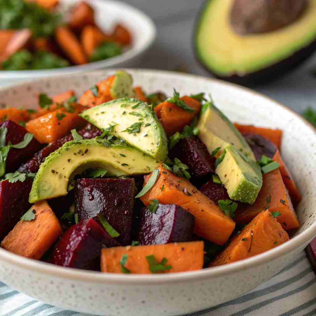 Roasted Beet & Carrot Salad with Avocado