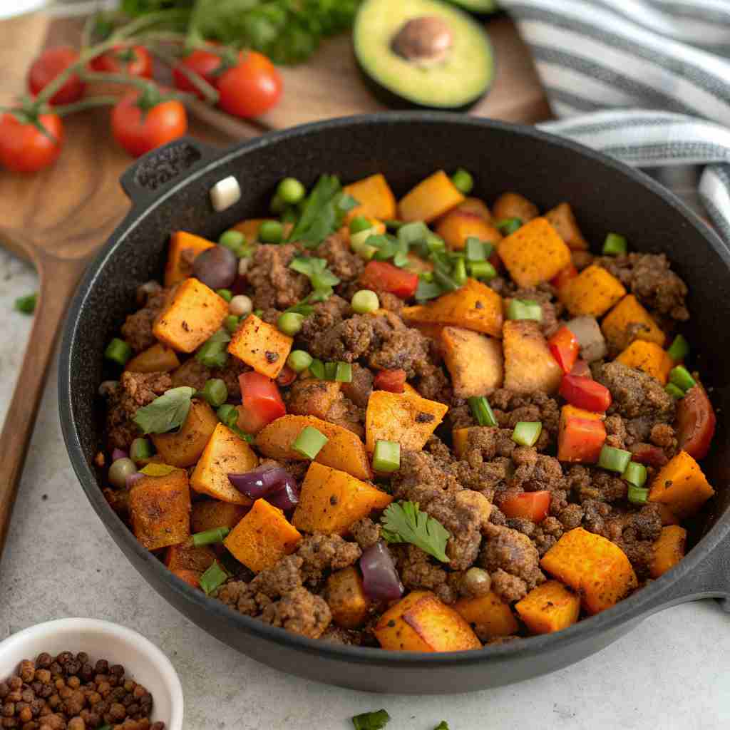 Southwest Ground Beef and Sweet Potato Skillet
