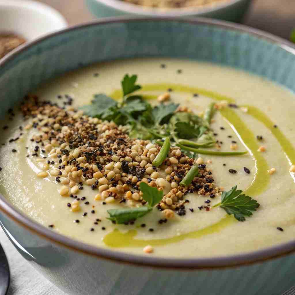 Cremige Kohlrabisuppe mit knusprigem Hanfsamen-Topping