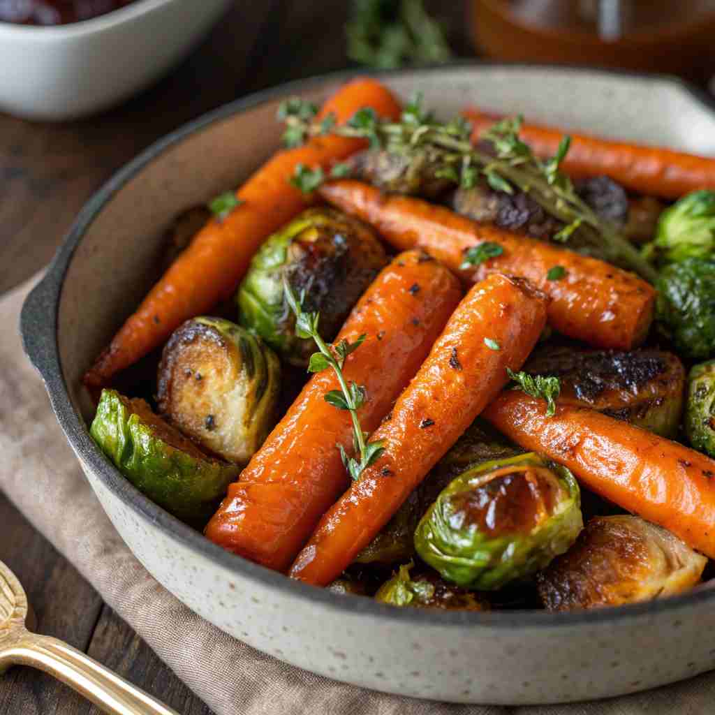 Crispy Maple Glazed Carrots and Brussels Sprouts
