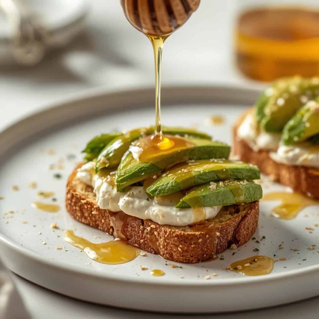 Cottage Cheese Toast With Avocado Hot Honey Drizzle
