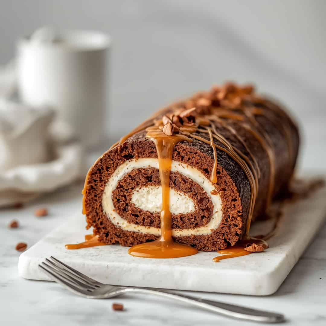 Turtle Caramel Chocolate Cake Roll