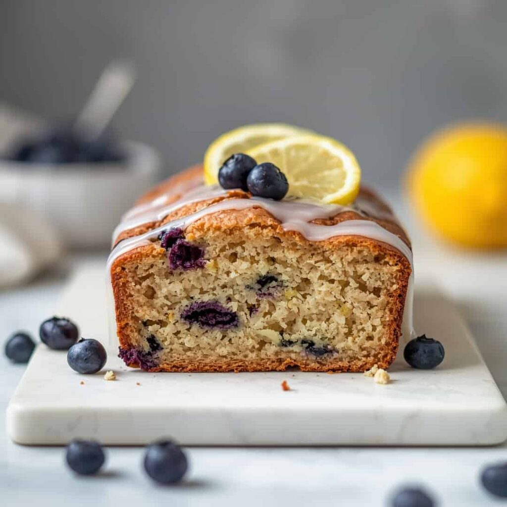 blueberry zucchini lemon loaf cake with glaze