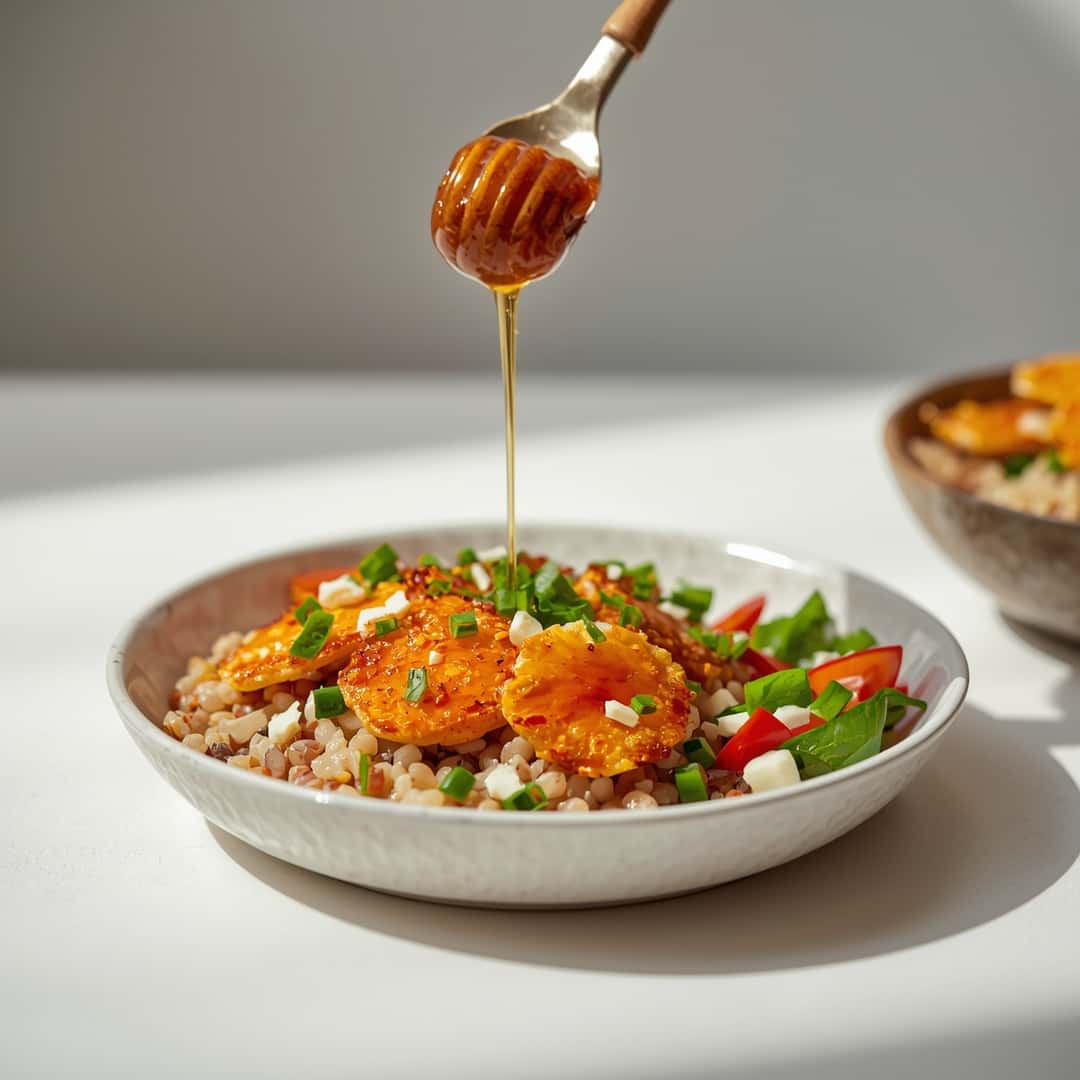 Crispy halloumi honey grain bowl flavorful