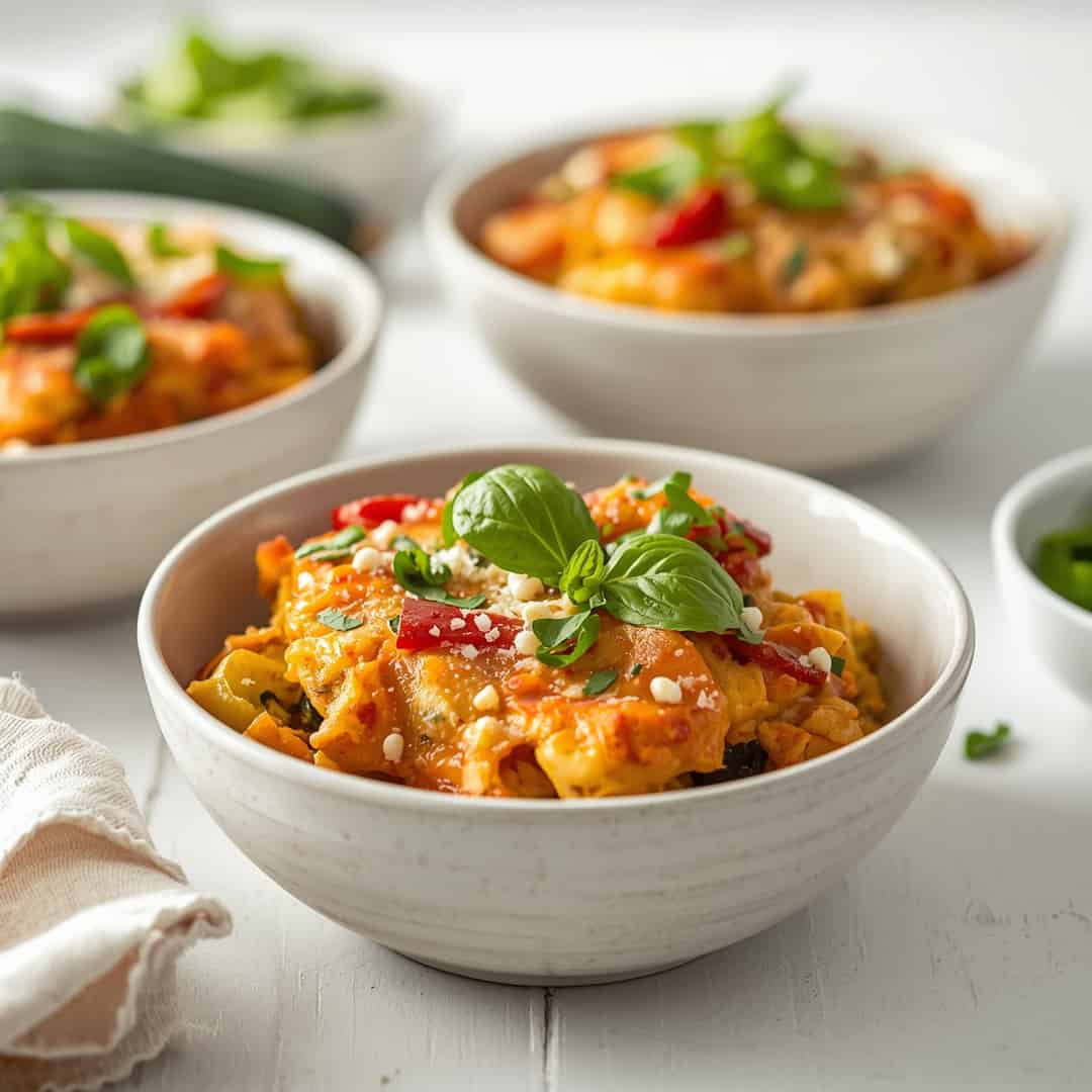 Healthy zucchini pizza casserole meal prep bowls