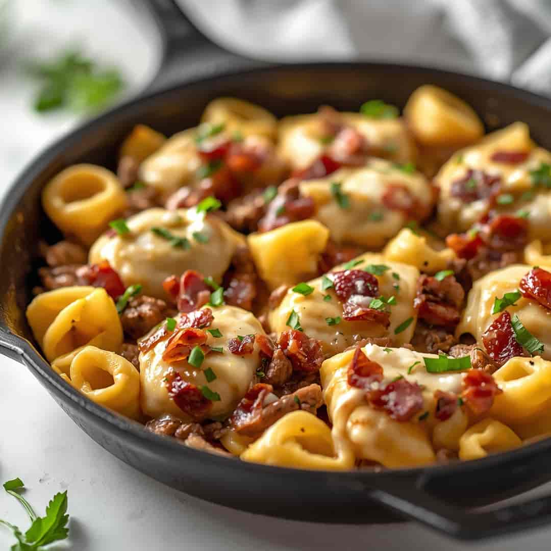 One pan chicken beef bacon ranch tortellini skillet