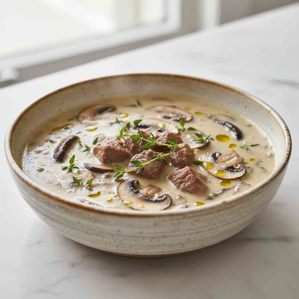 creamy mushroom soup with beef and thyme
