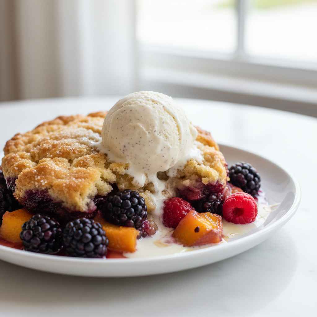 fresh fruit cobbler with vanilla ice cream