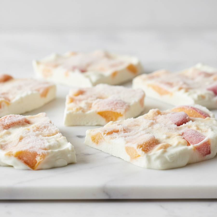 frozen peach greek yogurt bark featured - frozen peach greek yogurt bark