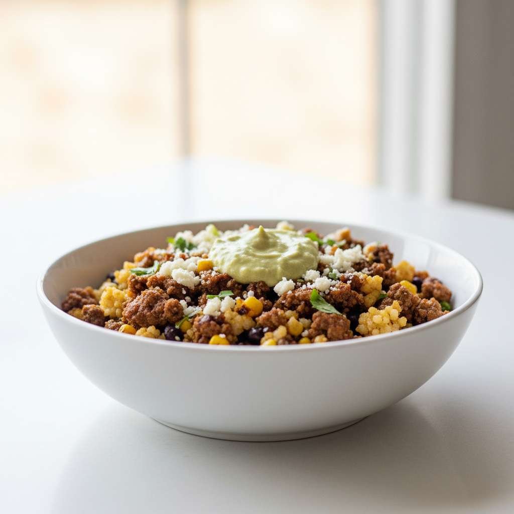 high protein beef cauliflower rice taco bowl