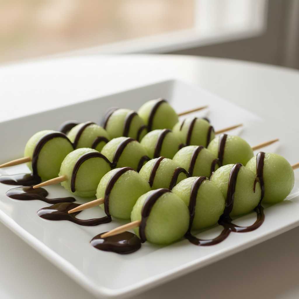 honeydew fruit skewers with chocolate drizzle