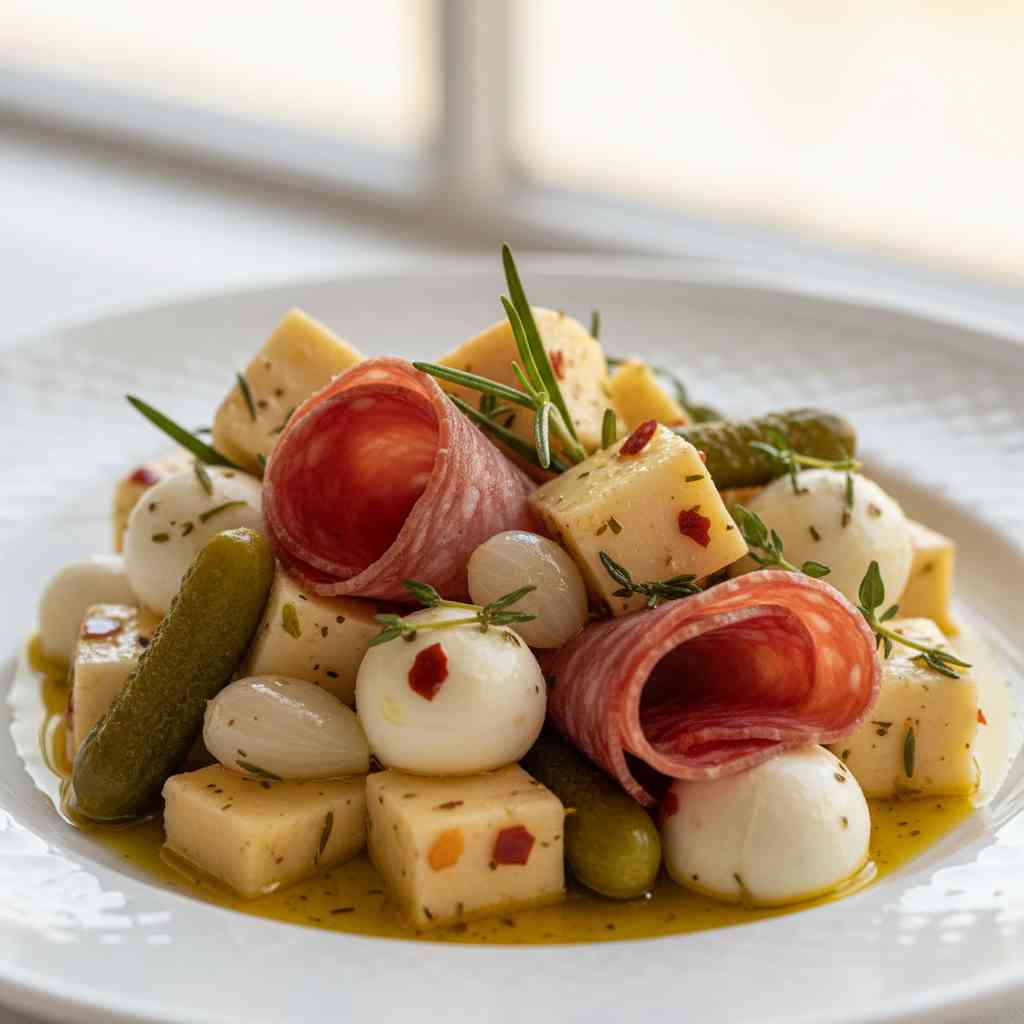 Marinated Cheese Appetizer with Salami Pickles