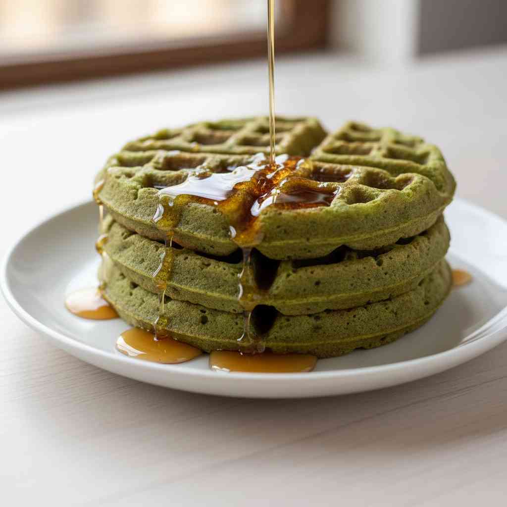 matcha waffles with maple syrup
