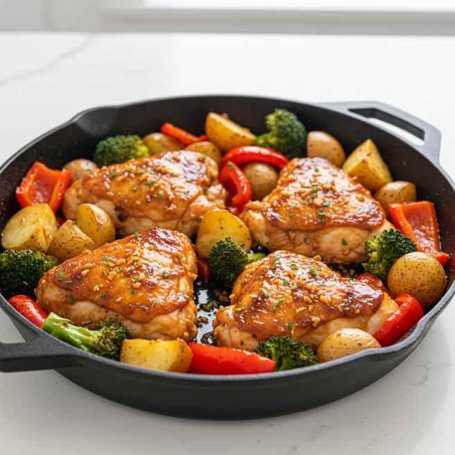 one pan hot honey garlic chicken roasted veggies featured 1 - one pan hot honey garlic chicken roasted veggies